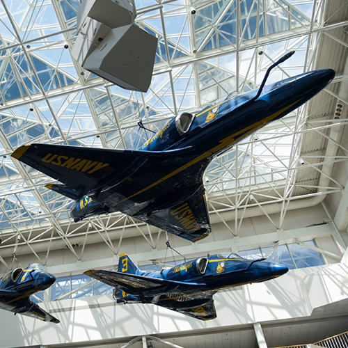 Navy aircraft hanging in the Naval Aviation Museum 