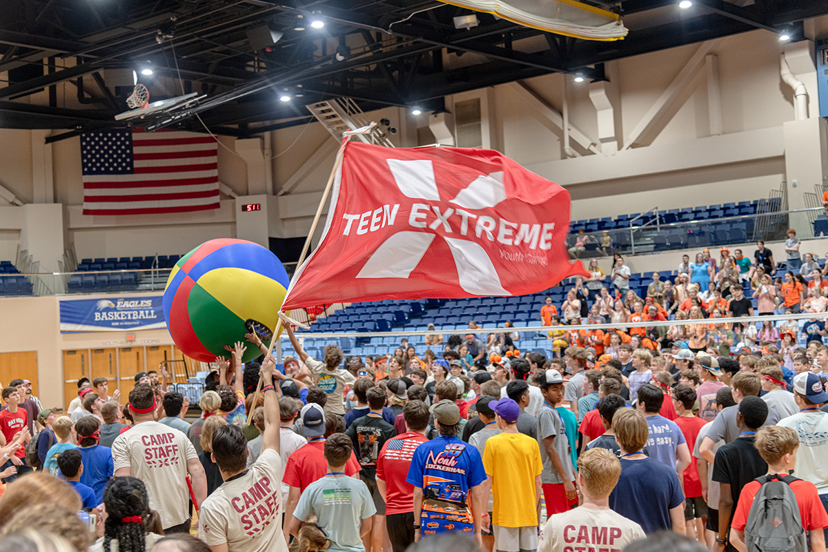 Teen Extreme big ball game as red team flag waves